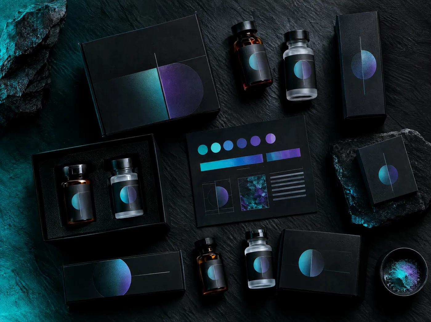 Premium research peptide packaging and brand identity mockup