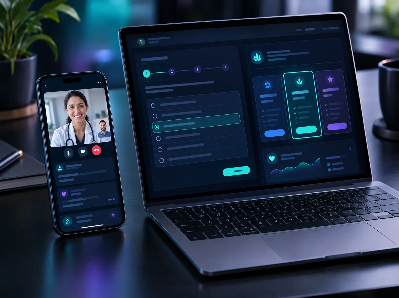 Telehealth app with video consultation, intake questionnaire and plan selection